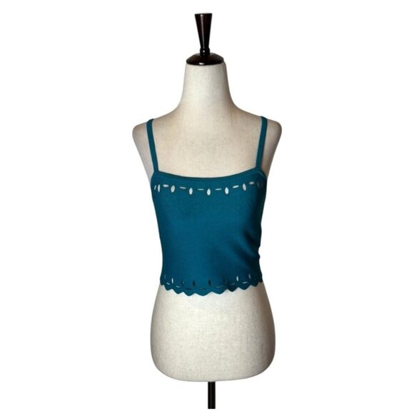 Sandro Tank Top Small Teal Blue Fine Knit Cut Out Detail Scalloped Hem Cami Top - Picture 2 of 12